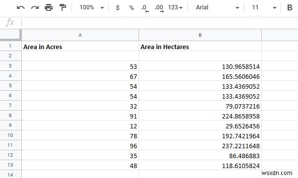 วิธีการแปลงเซลล์ระหว่างเฮกตาร์และเอเคอร์ใน Excel 