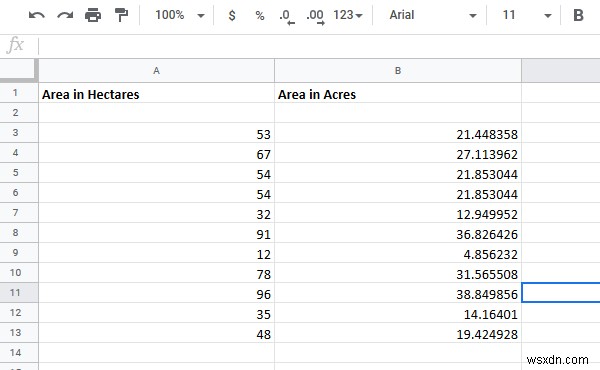 วิธีการแปลงเซลล์ระหว่างเฮกตาร์และเอเคอร์ใน Excel 