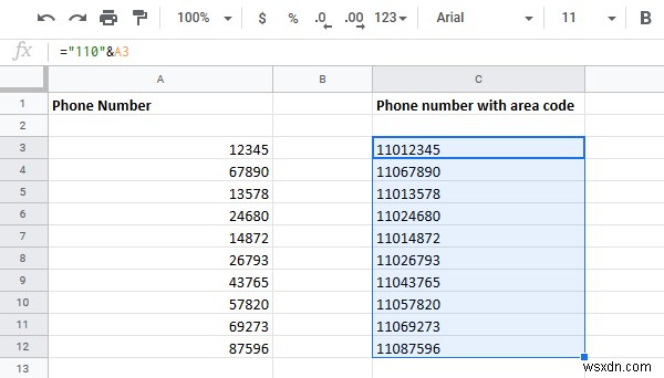 วิธีเพิ่มรหัสประเทศหรือพื้นที่ลงในรายการหมายเลขโทรศัพท์ใน Excel 