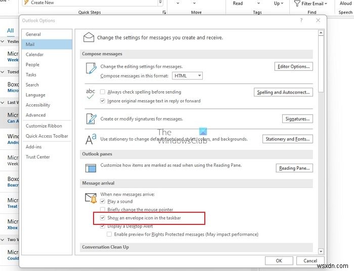 ไอคอนซองจดหมายอีเมลใหม่ของ Outlook ไม่แสดงในแถบงาน 