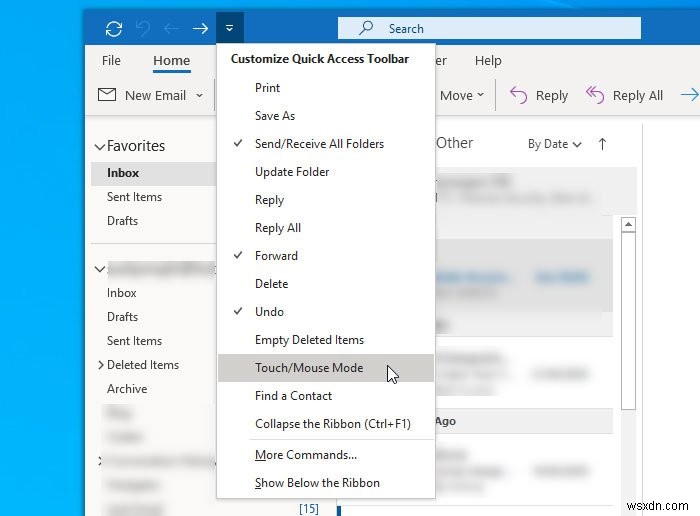 วิธีสลับระหว่างโหมดสัมผัสและเมาส์ใน Outlook 