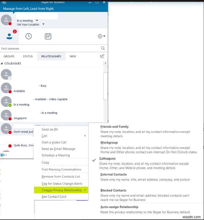 วิธีตั้งค่าความสัมพันธ์ความเป็นส่วนตัวของผู้ติดต่อและบล็อกบุคคลใน Skype for Business 