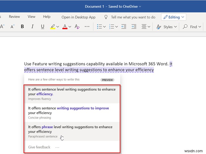 วิธีใช้คุณลักษณะคำแนะนำการเขียนซ้ำของ Microsoft Word ใน Word สำหรับเว็บ 
