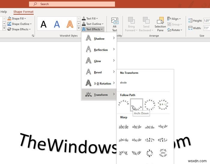 วิธีแทรกข้อความโค้งใน PowerPoint โดยใช้อักษรศิลป์ 