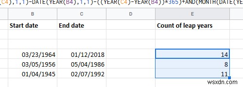 วิธีคำนวณจำนวนปีอธิกสุรทินระหว่างวันที่สองวันใน Excel 