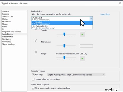 วิธีเปลี่ยนการตั้งค่าเสียงและวิดีโอใน Skype for Business 