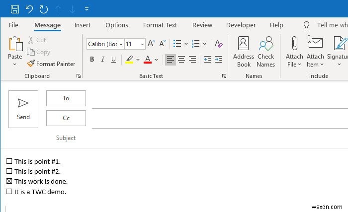 วิธีแทรกช่องทำเครื่องหมายในอีเมล Outlook และแอป Mail ใน Windows 11/10 