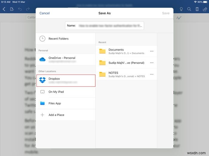 วิธีบันทึกไฟล์ Microsoft Office ไปยัง Dropbox บน iPad 