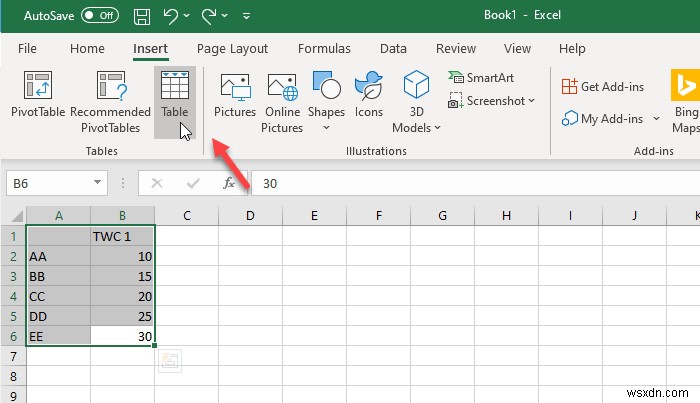 วิธีแทรกแผนภูมิไดนามิกในสเปรดชีต Excel 