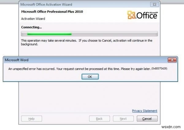 แก้ไขข้อผิดพลาดการเปิดใช้งาน Microsoft Office 0x80070426 