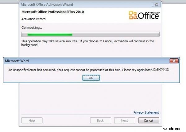 แก้ไขข้อผิดพลาดการเปิดใช้งาน Microsoft Office 0x80070426 