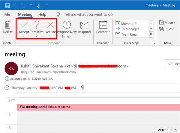 ตัวเลือกการตอบกลับการประชุมของ Outlook ไม่สามารถมองเห็นได้สำหรับคำเชิญ 