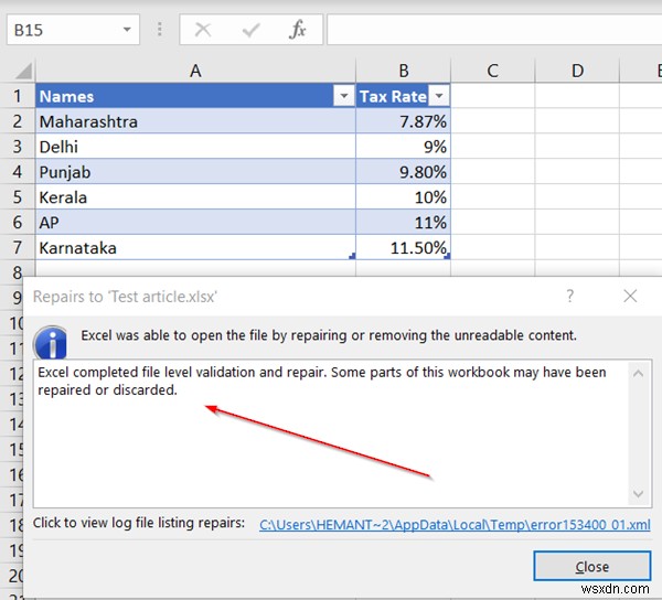 เราพบปัญหาเกี่ยวกับเนื้อหาบางส่วนในข้อผิดพลาด filename.xlsx ใน Excel 