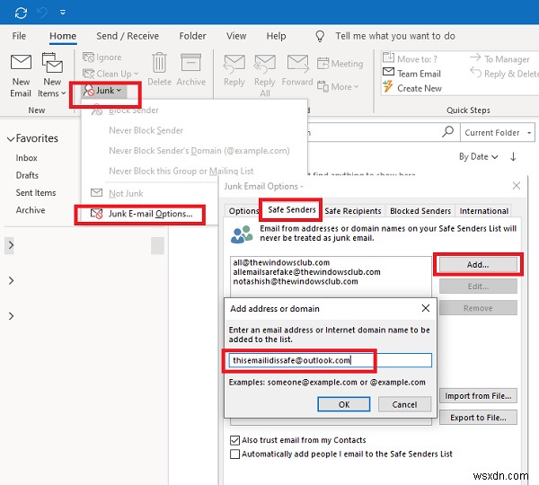 วิธีเพิ่มบุคคลในรายชื่อผู้ส่งที่ปลอดภัยใน Outlook 