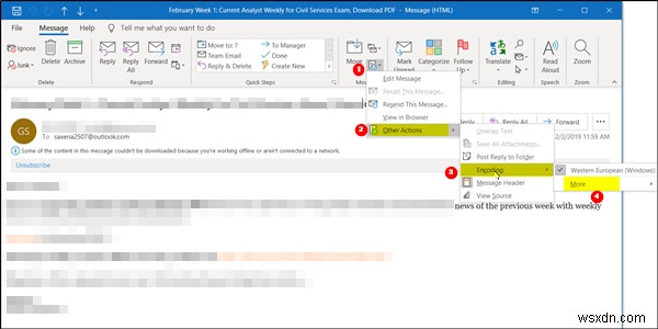 วิธีเปลี่ยนการเข้ารหัสอักขระใน Outlook 