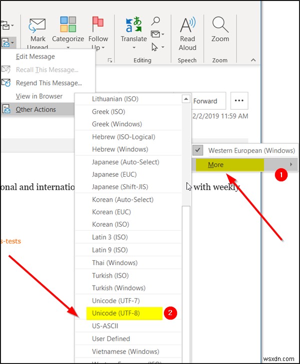 วิธีเปลี่ยนการเข้ารหัสอักขระใน Outlook 