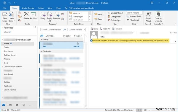 Outlook บล็อกการเข้าถึงไฟล์แนบที่อาจไม่ปลอดภัยต่อไปนี้ 