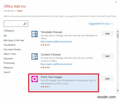 วิธีเพิ่มและใช้งาน Add-in ของ Pickit Free Images ใน Microsoft Office 