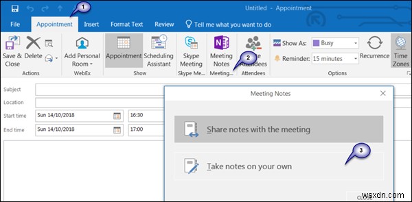 ใช้ OneNote เพื่อจดบันทึกในการประชุม Outlook ที่กำหนดเวลาไว้หรือ Skype for Business 