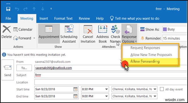 ป้องกันการส่งต่อคำเชิญเข้าร่วมประชุมใน Outlook 