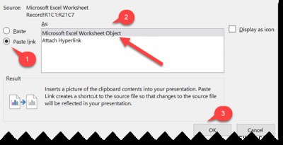 วิธีเชื่อมโยงข้อมูลบางส่วนในแผ่นงาน Excel ใน Microsoft PowerPoint 