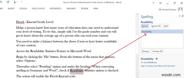 ฟีเจอร์สถิติความสามารถในการอ่านใน Microsoft Word 