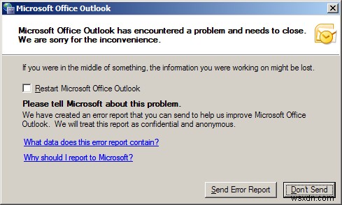 Microsoft Outlook พบปัญหาและจำเป็นต้องปิด 