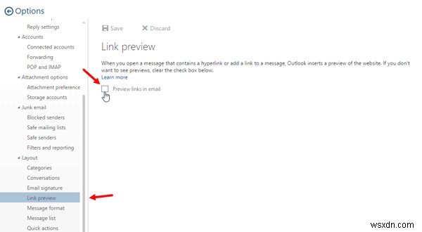 วิธีปิดใช้งานการแสดงตัวอย่างลิงก์ใน Outlook Web 