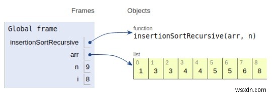 โปรแกรม Python สำหรับการเรียงลำดับการแทรกแบบเรียกซ้ำ 