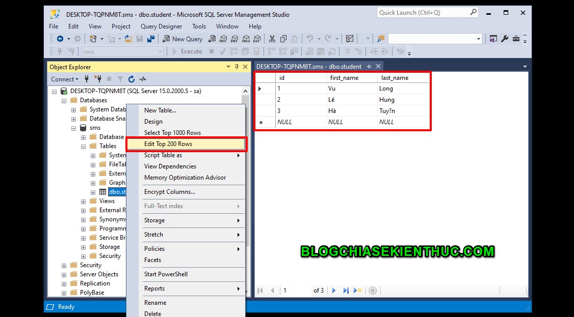 การทำงานพื้นฐานกับฐานข้อมูลใน Microsoft SQL Server 