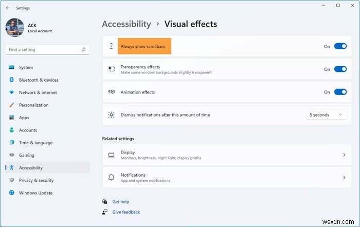 วิธีทำให้ Scrollbars มองเห็นได้เสมอใน Windows 11/10 