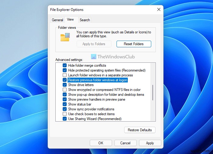 วิธีคืนค่าหน้าต่างโฟลเดอร์ก่อนหน้าเมื่อเข้าสู่ระบบใน Windows 11/10 