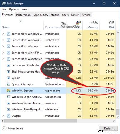 Explorer.exe หน่วยความจำสูงและการใช้งาน CPU ใน Windows 11/10 