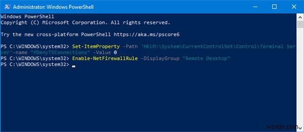 เปิดใช้งานเดสก์ท็อประยะไกลโดยใช้พรอมต์คำสั่งหรือ PowerShell 