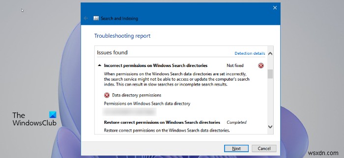 สิทธิ์ไม่ถูกต้องในไดเรกทอรี Windows Search ใน Windows 11 