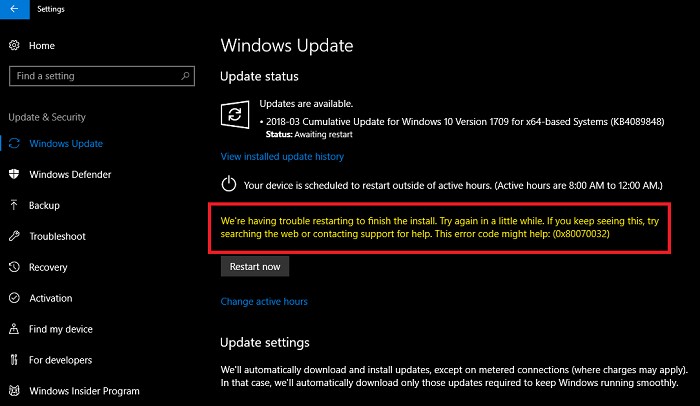 ข้อผิดพลาดของ Windows Update 0x80070032 เรามีปัญหาในการรีสตาร์ทเพื่อสิ้นสุดการติดตั้ง 