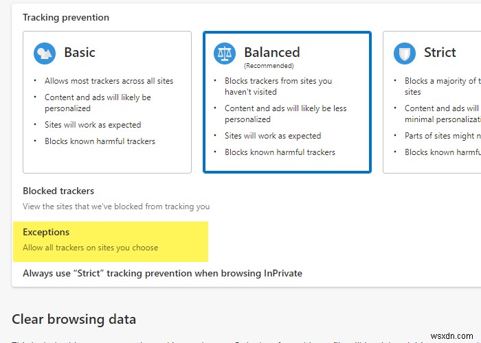 วิธีเพิ่มไซต์ในรายการข้อยกเว้นการป้องกันการติดตามในเบราว์เซอร์ Edge 