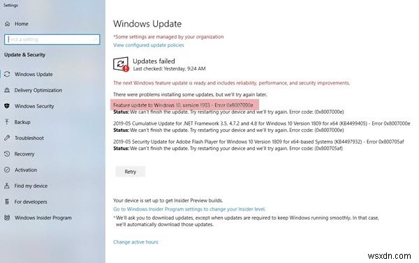 ข้อผิดพลาด Windows Update 0xC19001e2 เมื่อติดตั้งการปรับปรุงคุณสมบัติ 