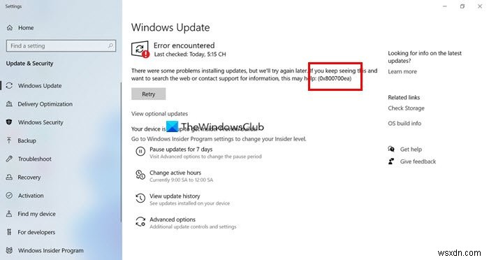 Windows ไม่สามารถติดตั้งการอัปเดตต่อไปนี้ ข้อผิดพลาด 0x800700ea 