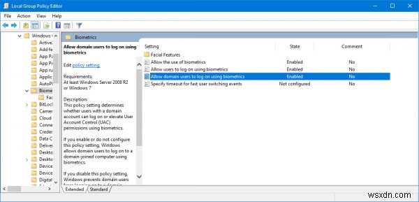 ปิดใช้งานหรือเปิดใช้งานการลงชื่อเข้าใช้ไบโอเมตริกซ์บน Windows ที่เข้าร่วมโดเมน 