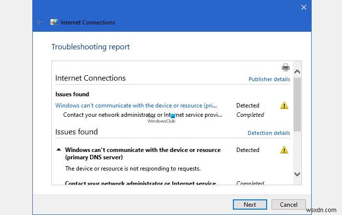 Windows ไม่สามารถสื่อสารกับอุปกรณ์หรือทรัพยากร (เซิร์ฟเวอร์ DNS หลัก) 