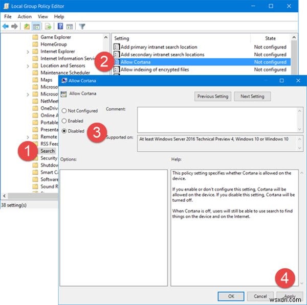 วิธีปิดการใช้งาน Cortana อย่างสมบูรณ์ใน Windows 11/10 ผ่าน Registry หรือ Group Policy 