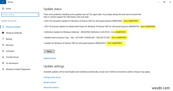 ข้อผิดพลาด 0x80070015 สำหรับ Windows Update, Microsoft Store, Windows Defender 