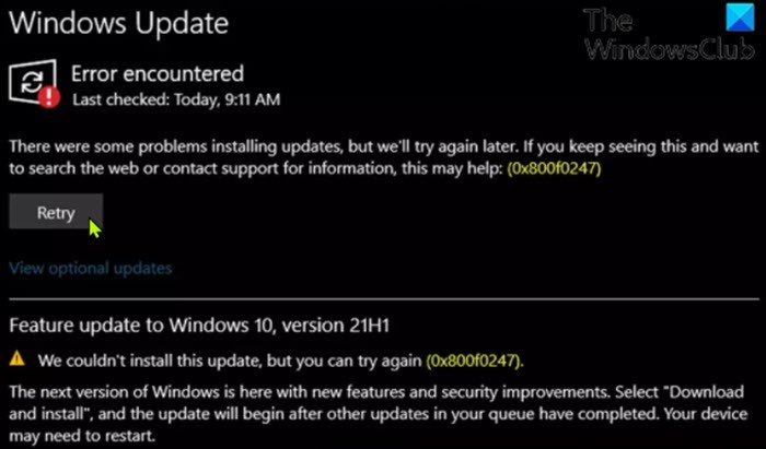 แก้ไขข้อผิดพลาด Windows Update 0x800f0247 บน Windows 11/10 