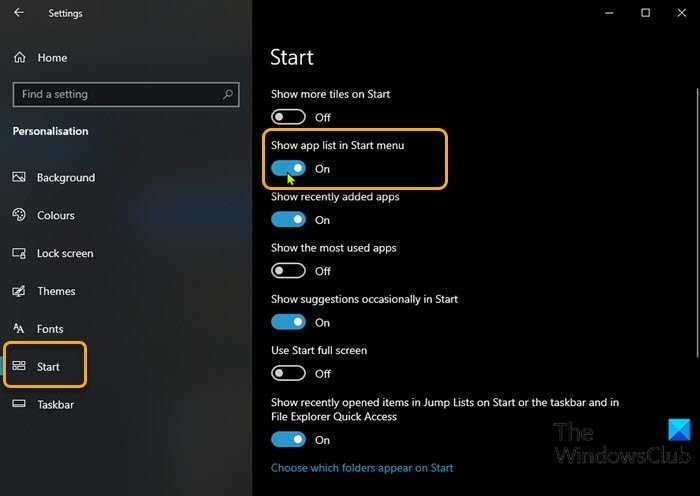 วิธีเพิ่มหรือลบรายการแอพทั้งหมดใน Start Menu บน Windows 11/10 