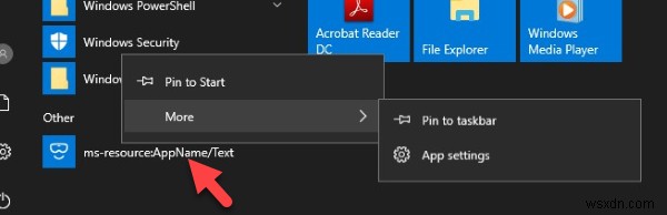 ลบ ms-resource:AppName/รายการข้อความใน Windows Start Menu 