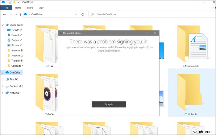 การเข้าสู่ระบบ OneDrive ถูกขัดจังหวะหรือไม่สำเร็จ ข้อผิดพลาด 0x8004deb4 