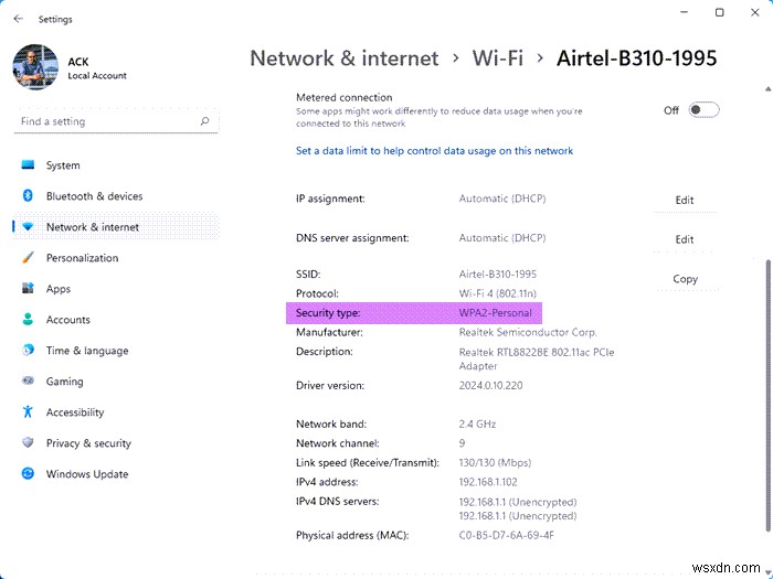 วิธีตรวจสอบประเภทความปลอดภัยเครือข่าย Wi-Fi ใน Windows 11/10 