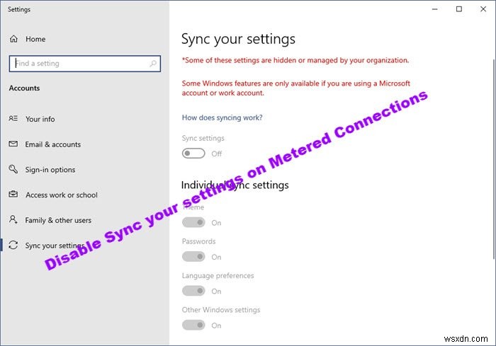 ปิดใช้งานการซิงค์การตั้งค่าของคุณบนสวิตช์ Metered Connections ใน Windows 10 