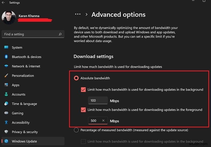 ระบุแบนด์วิดท์แอบโซลูทที่สามารถใช้ดาวน์โหลด Windows Updates ใน Windows 11/10 